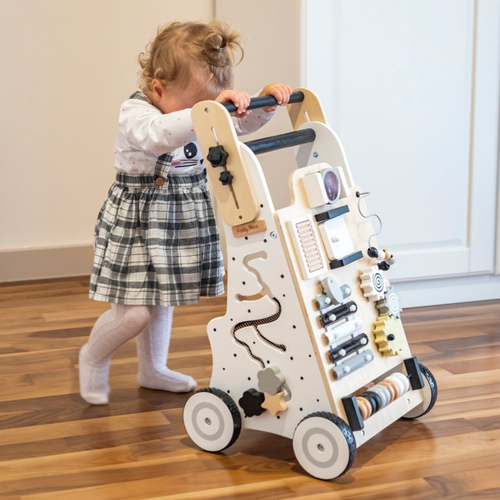 KiddyMoon Wooden Baby Walker Interactive Educational Toy for Children Multifunctional Push-Along Toy for Babies Montessori Walker for Kids Model WK-002, Black - White, Adjustable Handle