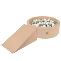 KiddyMoon Foam Playground Velvet for Kids with Round Ball pit ( ∅ 7cm/2.75In) Soft Obstacles Course and Ball Pool, Certified Made In The EU, Sand beige: white/grey/mint, Ballpit (200 Balls) + Wedge