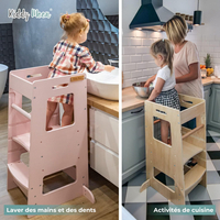 KiddyMoon Toddler Learning Tower, Montessori Kitchen Step Stool, Height Adjustable (3 Levels), Safety Rail, Black/Natural, 91,5x39,3x49,4