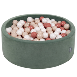 KiddyMoon Soft Ball Pit Round ∅ 7cm / 2.75In for Kids, Foam Velvet Ball Pool Baby Playballs, Made In The EU, forest green:pastel beige/salmon pink/white, 90 x 30 cm / 200 Balls
