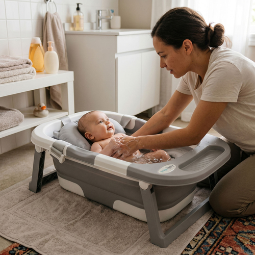 KiddyMoon Foldable Baby Bathtub Plastic Infant Bath Tub, Grey, M