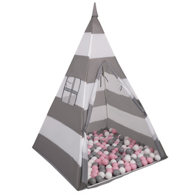 Teepee Tent for Kids Play House With Balls Indoor Outdoor Tipi, grey-white stripes: white/grey/light pink, 200 Balls