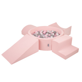 KiddyMoon Foam Playground for Kids with Round Ballpit ( ∅ 7cm/2.75In) Soft Obstacles Course and Ball Pool, Certified Made In The EU, pink:pearl/grey/transparent/powder pink, Ballpit (200 Balls) + Version 5