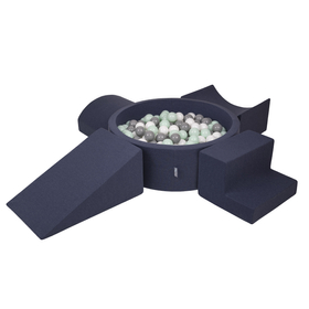 KiddyMoon Foam Playground for Kids with Round Ballpit ( ∅ 7cm/2.75In) Soft Obstacles Course and Ball Pool, Certified Made In The EU, darkblue:white/grey/mint, Ballpit (200 Balls) + Version 5