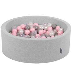 KiddyMoon Baby Foam Ball Pit with Balls ∅ 7cm / 2.75in Made in EU, light grey:pearl/grey/transparent/light pink, 90x30cm/200 balls