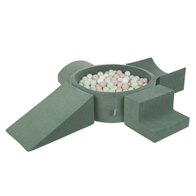 KiddyMoon Foam Playground Velvet for Kids with Round Ballpit ( ∅ 7cm/2.75In) Soft Obstacles Course and Ball Pool, Certified Made In The EU, forest green:pastel beige/white/mint, Ballpit (300 Balls) + Version 5