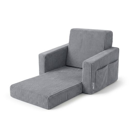 Foam armchair for kids convertible into bed, handle and side pockets, corduroy cover, dark grey, UNI