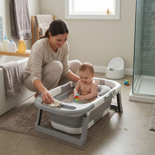 KiddyMoon Foldable Baby Bathtub Plastic Infant Bath Tub, Grey, M