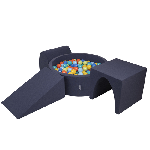 KiddyMoon Foam Playground for Kids with Round Ball pit (Balls ∅ 7cm/2.75In) Soft Obstacles Course and Ball Pool, Made In EU, darkblue:lgreen/orange/turquoise/blue/bblue/yellow, Ballpit (300 Balls) + Version 2