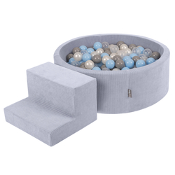 KiddyMoon Foam Playground For Kids Soft Textured Safe Blocks, dark grey: perle/grey/transparent/baby blue, Ballpit (100 Balls) + Steps