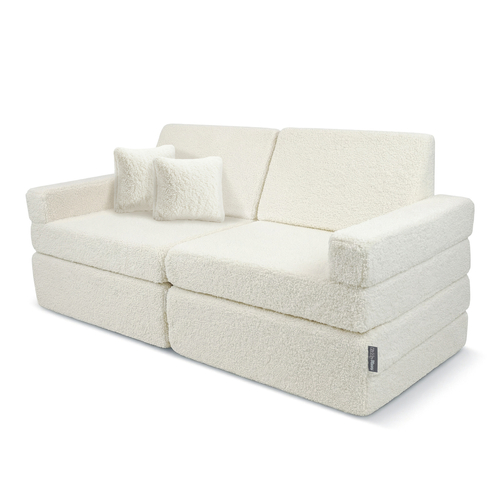 KiddyMoon Sofa for Kids in Foam with Soft Teddy Fabric, Modular and Foldable, with 2 Cushions, for Playing, Reading and Relaxing, creamy, Sofa with 2 Pillows
