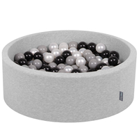 KiddyMoon Baby Foam Ball Pit with Balls ∅ 7cm / 2.75in Made in EU, light grey:black/grey/pearl, 90x30cm/200 balls