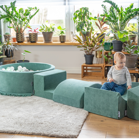 KiddyMoon Foam Playground Velvet for Kids with Round Ballpit ( ∅ 7cm/2.75In) Soft Obstacles Course and Ball Pool, Certified Made In The EU, forest green:dark turquoise/pastel beige/greygreen/salmon pink, Ballpit (300 Balls) + Version 5