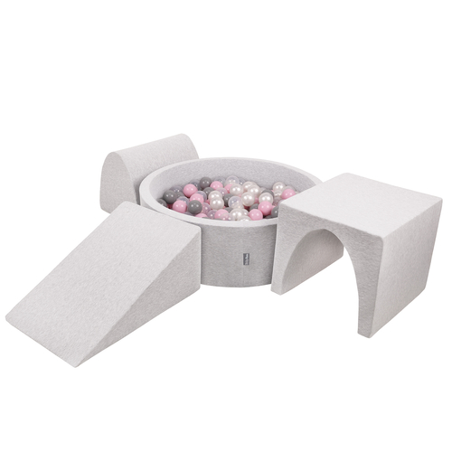 KiddyMoon Foam Playground for Kids with Round Ball pit (Balls ∅ 7cm/2.75In) Soft Obstacles Course and Ball Pool, Made In EU, lightgrey:pearl/grey/transparent/powderpink, Ballpit (200 Balls) + Version 2