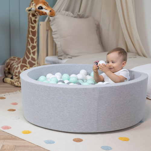 Soft Ball Pit Pool Round 90x30cm for Baby Toddler 200/300 Balls Foam, light grey:white/grey/mint, 90x30cm/200 balls