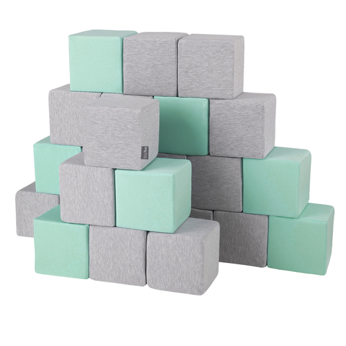 KiddyMoon Soft Foam Building Blocks for Babies & Toddlers, Washable Cotton Zip Cover, 14cm Cubes, Sensory Toy, cubes:light grey-mint, 24 Pieces