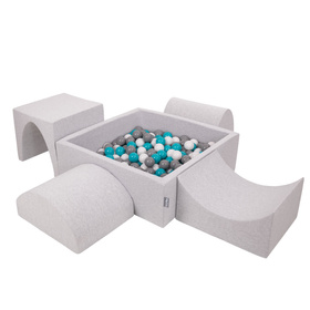 KiddyMoon Foam Playground for Kids with Square Ballpit ( ∅ 7cm/2.75In) Soft Obstacles Course and Ball Pool, Certified Made In The EU, lightgrey:grey/white/turquoise, Ballpit (200 Balls) + Version 1