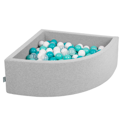 KiddyMoon Soft Ball Pit Quarter Angular ∅ 7cm / 2.75In for Kids, Foam Ball Pool Baby Playballs, Made In The EU, light grey:lt turquoise/white/transparent/turquois, 90 x 30 cm / 300 Balls