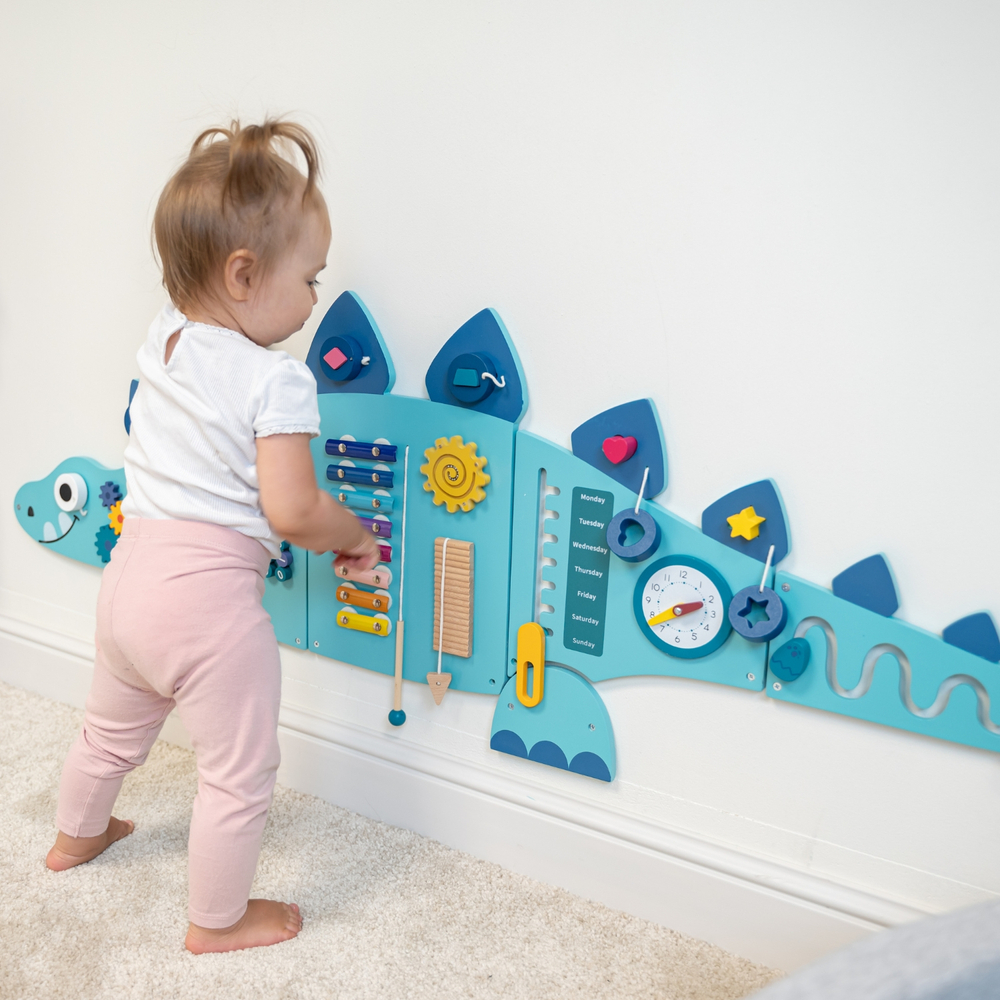 KiddyMoon Tablero Montessori De Actividades De Madera – Dinosaurio Aprendizaje Con Xilófono, Ábaco, Reloj Y Engranajes Para Niños +3 Años