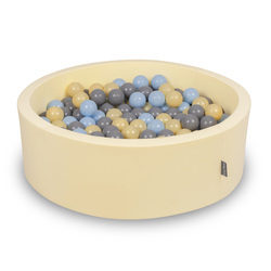 KiddyMoon Foam Ball Pit with Balls for Babies and Toddlers, Soft Sensory Play, Durable Removable Cover, Safe, butter: pastel blue/pastel yellow/grey, 90 x 30 cm / 200 Balls