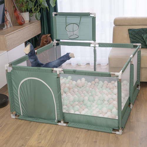 square play pen filled with plastic balls basketball, green, No Balls