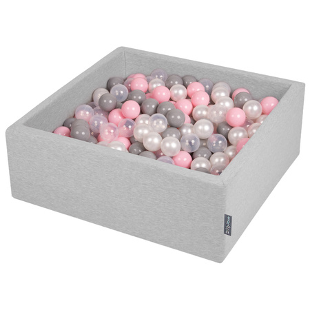 KiddyMoon Baby Foam Ball Pit with Balls ∅ 7cm / 2.75in Square Made in EU, light grey/pearl/grey/transparent/light pink, 90x30cm/200 balls