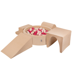 KiddyMoon Foam Playground Velvet for Kids with Round Ball pit ( ∅ 7cm/2.75In) Soft Obstacles Course and Ball Pool, Certified Made In The EU, Sand beige: pastel beige/powder pink/pearl/dark pink, Ballpit (200 Balls) + Version 3