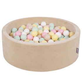 KiddyMoon Soft Ball Pit Round 7cm / 2.75In for Kids, Foam Velvet Ball Pool Baby Playballs, sand beige:pastel beige/pastel yellow/white/mint/light pink, 90x30cm/200 balls