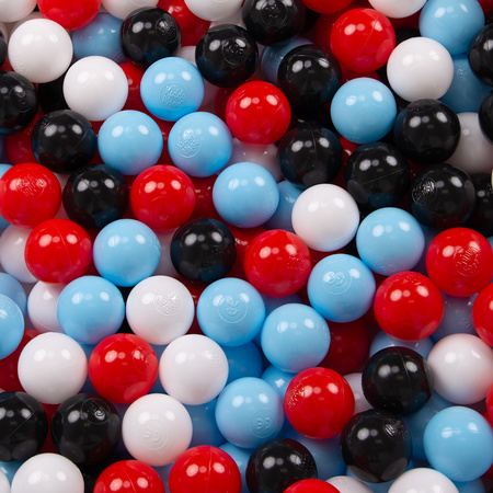 KiddyMoon Soft Plastic Play Balls ∅ 6cm / 2.36 Multi Colour Made in EU, black/white/red/baby blue, 50 Balls/6cm-2.36in