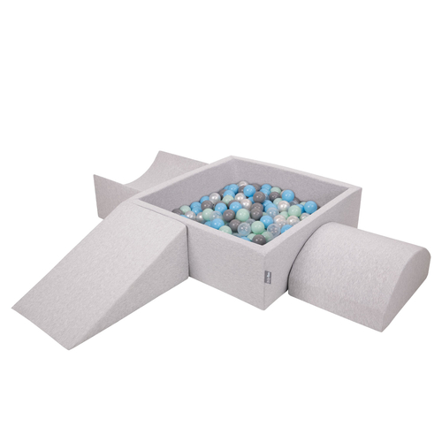 KiddyMoon Foam Playground for Kids with Square Ballpit ( ∅ 7cm/2.75In) Soft Obstacles Course and Ball Pool, Made In The EU, lightgrey:pearl/grey/transparent/babyblue/mint, Ballpit (300 Balls) + Version 4