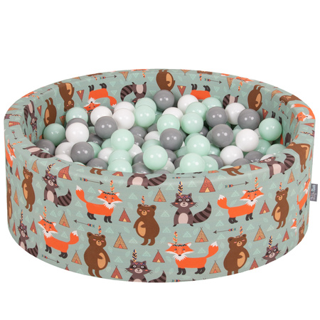 KiddyMoon Soft Ball Pit Round ∅ 7Cm / 2.75In For Kids, Foam Ball Pool Baby Playballs Children, Made In The EU, fox-green:white/grey/mint, 90x30cm/200 balls