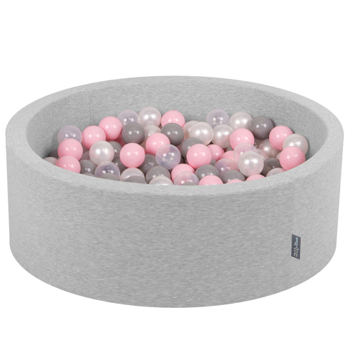 KiddyMoon Baby Foam Ball Pit with Balls ∅ 7cm / 2.75in Made in EU, light grey:pearl/grey/transparent/light pink, 90 x 30 cm / 300 Balls