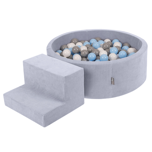 KiddyMoon Foam Playground For Kids Soft Textured Safe Blocks, dark grey: grey/white/baby blue, Ballpit (100 Balls) + Steps