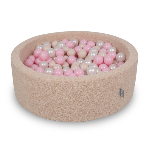 KiddyMoon Ball Pit for Baby with Teddy Plush, Large 7 cm Balls for a Fuller Ball Pit, From 8 Months, Removable Cover, Beige: Pastel Beige/Powder Pink/Pearl, 90 x 30 cm / 300 Balls