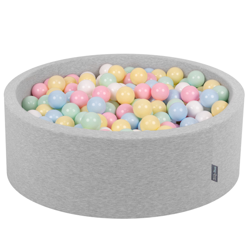 KiddyMoon Baby Foam Ball Pit with Balls ∅ 7cm / 2.75in Made in EU, light grey:pastel blue/pastel yellow/white/mint/light pink, 90 x 30 cm / 200 Balls