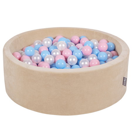 KiddyMoon Soft Ball Pit Round 7cm / 2.75In for Kids, Foam Velvet Ball Pool Baby Playballs, sand beige:babyblue/light pink/pearl, 90x30cm/300 balls