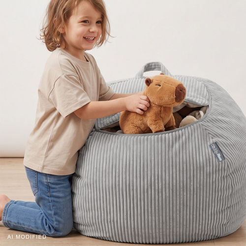 KiddyMoon Children's Storage Pouffe with Zip, Polyester Bean Bag Seat, light grey, bag