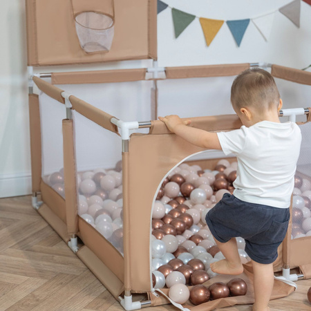 square play pen filled with plastic balls basketball, beige:pastel beige/pastel yellow/white/mint/light pink, 200 balls