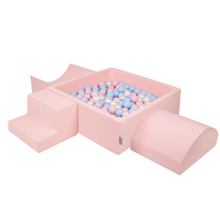KiddyMoon Foam Playground for Kids with Square Ballpit ( ∅ 7cm/2.75In) Soft Obstacles Course and Ball Pool, Certified Made In The EU, pink:babyblue/powder pink/pearl, Ballpit (300 Balls) + Version 6