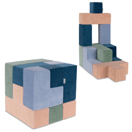KiddyMoon Soft Foam Cubes with Velvet Cover Building Blocks for Children, laguna blue-forest green-desert pink-ice blue, 9 Pieces
