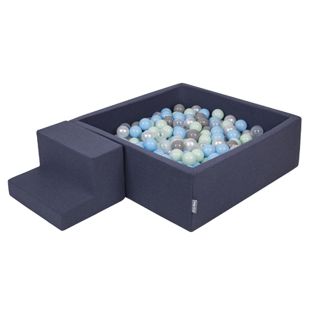 KiddyMoon Foam Playground for Kids with Square Ballpit ( ∅ 7cm/2.75In) Soft Obstacles Course and Ball Pool, Certified Made In The EU, darkblue:pearl/grey/transparent/babyblue/mint, Ballpit (100 Balls) + Steps