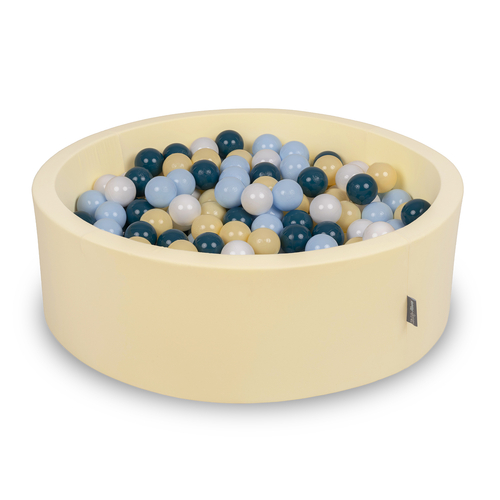 KiddyMoon Foam Ball Pit with Balls for Babies and Toddlers, Soft Sensory Play, Durable Removable Cover, Safe, butter: dark turquoise/pastel blue/pastel yellow/white, 90 x 30 cm / 300 Balls