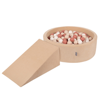 KiddyMoon Foam Playground Velvet for Kids with Round Ball pit ( ∅ 7cm/2.75In) Soft Obstacles Course and Ball Pool, Certified Made In The EU, Sand beige: pastel beige/salmon/white, Ballpit (100 Balls) + Wedge