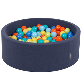 KiddyMoon Baby Foam Ball Pit with Balls ∅ 7cm / 2.75in Made in EU, d.blue:l.green/orange/turquois/blue/babyblue/yellw, 90x30cm/200 balls