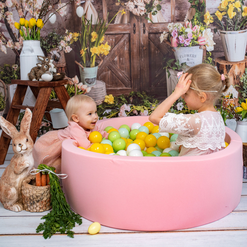 KiddyMoon Baby Foam Ball Pit with Balls ∅ 7cm / 2.75in Made in EU, pink:white/mint/light green/yellow, 90 x 30 cm / 200 Balls