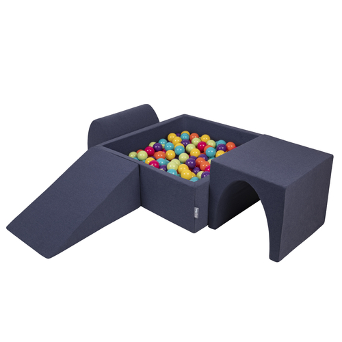 KiddyMoon Foam Playground for Kids with Square Ballpit ( ∅ 7cm/2.75In) Soft Obstacles Course and Ball Pool, Certified Made In The EU, navy blue: light green-yellow-turquoise-orange-dark pink-violet, Ballpit (200 Balls) + Version 2