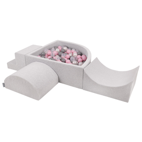 KiddyMoon Foam Playground for Kids with Quarter Angular Ballpit and Balls, lightgrey:pearl/grey/transparent/powderpink, Ballpit (200 Balls) + Version 6
