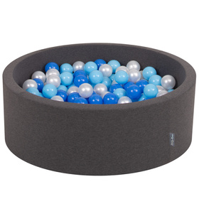 KiddyMoon Baby Foam Ball Pit with Balls ∅ 7cm / 2.75in Made in EU, dark grey: baby blue/blue/pearl, 90x30cm/200 balls