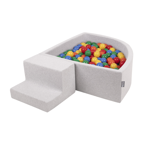 KiddyMoon Foam Playground for Kids with Quarter Angular Ballpit and Balls, lightgrey:yellow/green/blue/red/orange, Ballpit (100 Balls) + Steps