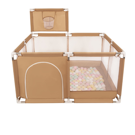 square play pen filled with plastic balls basketball, beige:pastel beige/pastel yellow/white/mint/light pink, 200 balls